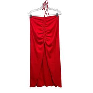 Akira Halter Midi Dress Ribbed Stretch Tie Neck Ruched Front Red Women Size‎ L
